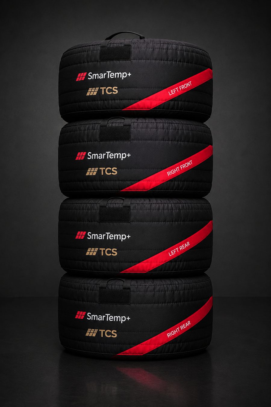 Stack of four SmarTemp+ four-corner tire warmers with red stripes